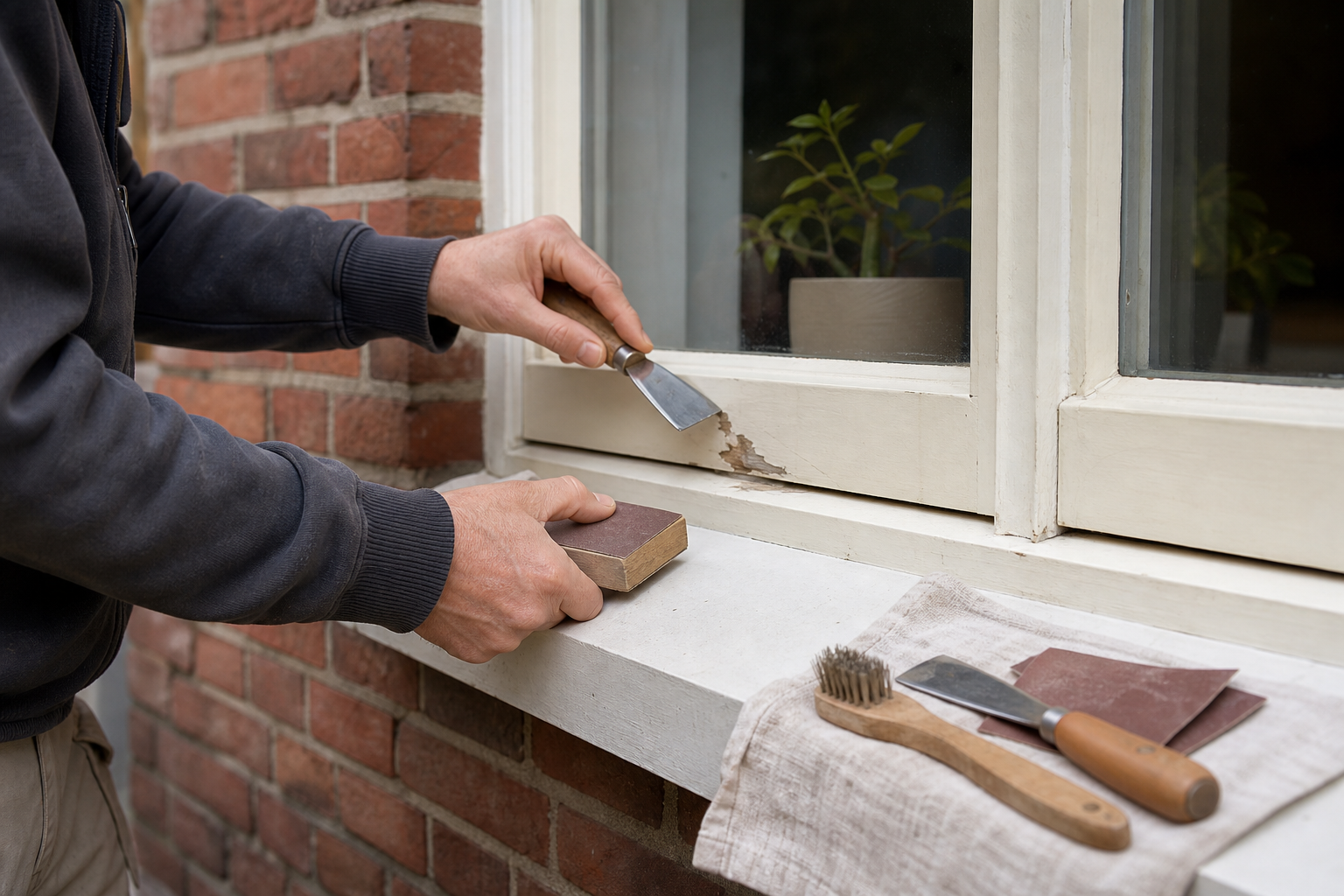 Handen die een verweerde plek op een houten buitenkozijn voorzichtig voorbereiden voor onderhoud